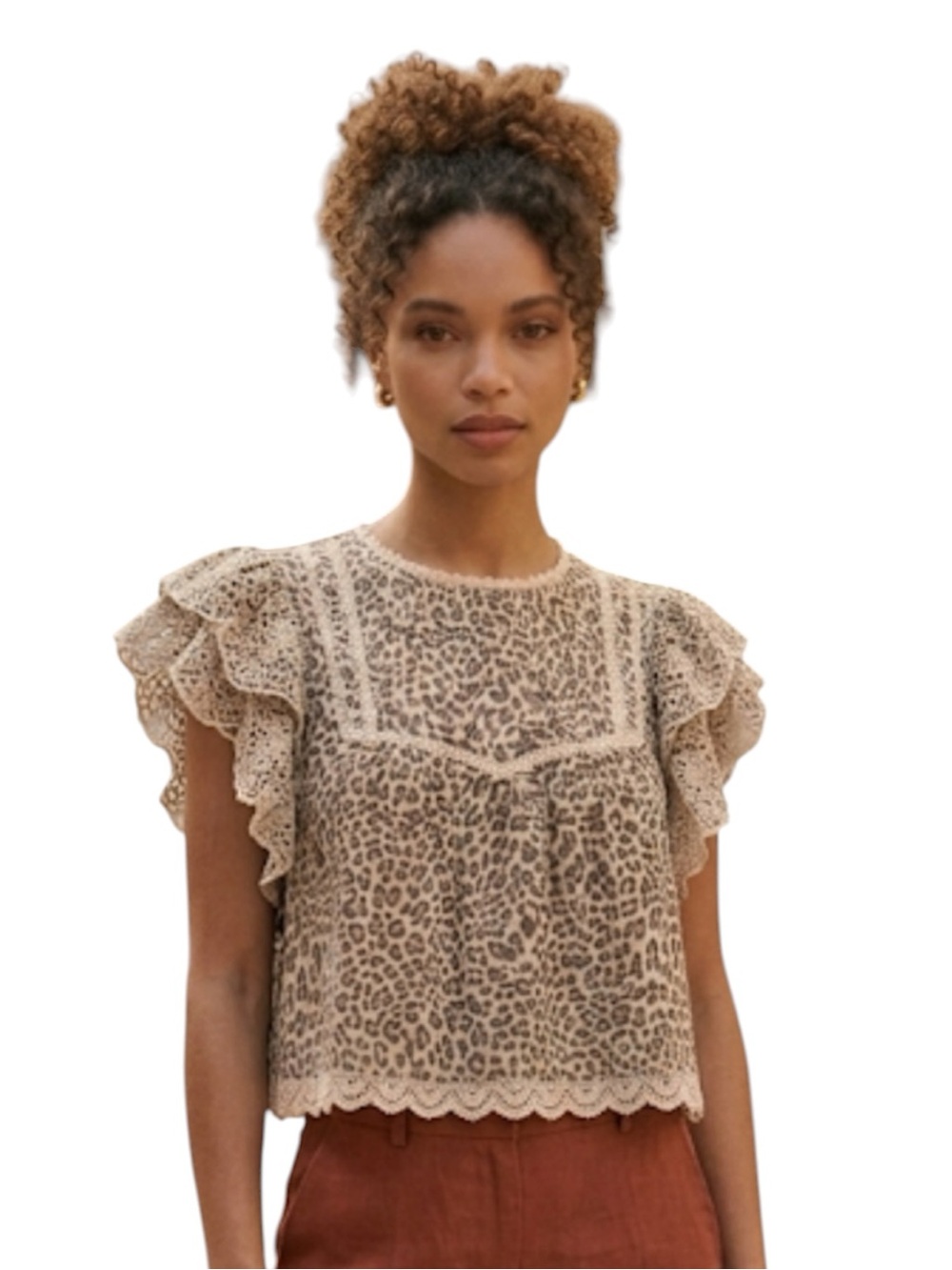 Bellerose Hudalla Leopard Cropped Blouse Size 0 Flutter Lace Whimsigoth NWOT
N